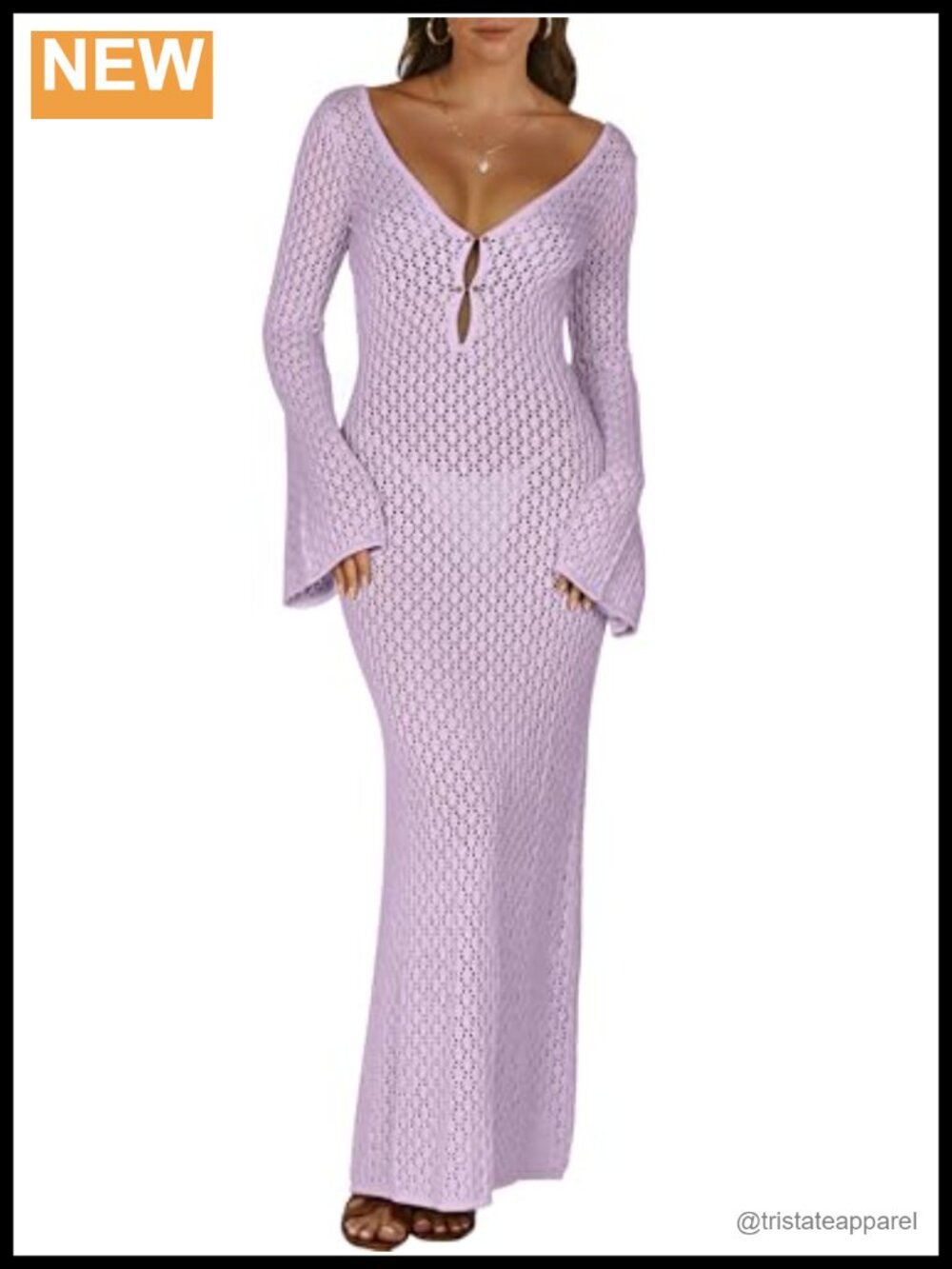 Women Crochet Swimsuit Coverup V Neck Long Sleeve Knit Beach Maxi Dress